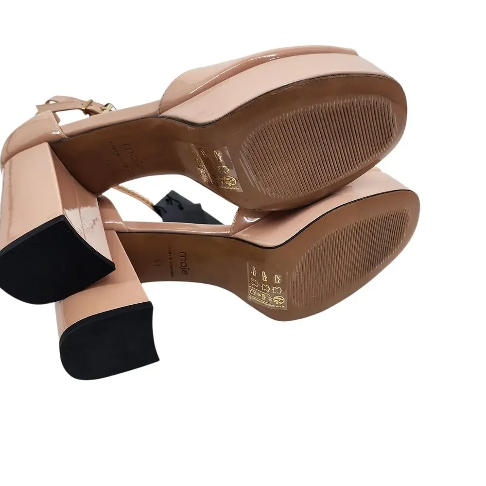 NIB Maje Rhinestone Ankle Strap Blush Nude Patent Leather Platform Peep Toe Heel